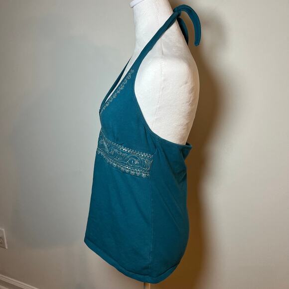 Y2K Turquoise Embroidered Bead Halter Top Blue Sz Large Fairy Pixie Boho Tie - Picture 7 of 8